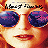 Pixelated close-up of a person's face wearing large sunglasses with purple and blue gradient lenses, set against an orange-red background with visible pixelation artifacts.