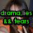 A four- shows a person in an orange top with text overlays: 'drama.lies && tears' in green, '3 cheers' in red, '4 teenage years' in cyan