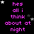Black background with pink text repeating 'hes all i think about at night' in a , scattered white and gray stars, one gray rectangle on the right