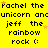 Yellow background with repeated text and small orange stars, featuring 'rachel the unicorn' and 'jeff the rainbow rock :(' in black pixelated font.