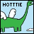 Pixelated green dinosaur with white wing-like structures stands against light blue background, text "HOTTIE" in black block letters above.