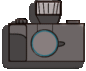 Six pixel-art camera icons arranged in two , each showing a gray body with a blue-ringed lens and a flash unit with yellow or gray bars