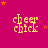 four and four displays the text 'cheer chick' in yellow pixelated font on a magenta background, with orange stars scattered around each instance