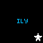 Pixelated blue text 'ILY' appears in four corners of a black background, with a white star in the center and two gray stars on the right side.
