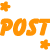 Pixelated text and star shapes on a white background with colored sections, featuring 'POST YOUR ICON' in orange green blue and 'REQUEST HERE' in pink red.