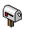 Pixelated white mailbox with red flag on brown post, showing sequential animation of flag and door movement.