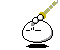 Pixel art contact sheet showing two frames of a white blob character with stick-figure limbs holding a yellow-and-gray striped staff, transitioning from standing to leaning position against gray background.