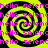 A static image with four yellow and black spiral patterns arranged in a , overlaid with repeating pink text reading "hello selend" across the entire frame