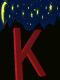 Animated sequence of red 'K' letters against a dark background with blue and yellow starry patterns, showing rotation and alignment changes.