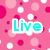 Pink background with white and red dots, featuring 'Live', 'Laugh', and 'Love' text in cyan letters with white outlines.