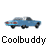 Animated contact sheet of blue classic cars in various poses with "Coolbuddy" text below each frame on a white background.
