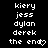Pixelated text displays names and 'the end' on black background with gray bottom section, showing animation changes in punctuation marks.