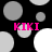 Black background with scattered gray and white circles; four instances of pink text 'KIKI' positioned at top-left, top-right, bottom-left, and bottom-right.