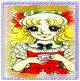 Animated doll avatar with blonde hair, red bows, red skirt, and black bow tie, transitioning from plain to text overlay.