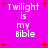 Pixelated text 'Twilight is my Bible' repeated four times on a bright pink background with scattered red plus signs.