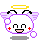 Pixelated character with white face, purple outline, red cheeks, black antennae, and yellow halo in four variations showing wing and mouth changes.