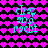 Pixelated cyan text 'chaz', 'gaga', and 'rachl' repeated over a black background with pink heart pattern.