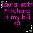Pixelated text reads "Laura Beth Pritchard is my bff <3" in bright pink on black, with yellow star and dot accents.