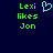 Green pixelated text 'Lexi likes Jon' on dark blue background with cyan heart symbol above the name Lexi.