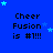 Blue background with repeated text "Cheer Fusion is #1!!!" and scattered light blue stars in a