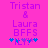 Pixelated text on bright pink background with blue and purple symbols, showing 'Tristan & Laura BFFS' followed by '*FLY?*' in a static layout.