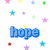Pixelated blue text 'Hope' surrounded by scattered pastel stars on white background.