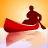 A pixelated red canoe with a dark silhouette of a person paddling, set against an orange gradient background reflecting on water.