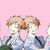 Two identical anime-style characters with light brown hair and blue shirts stand side-by-side against a pink background, one character's arm moves from raised to lowered position.