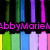 Pixelated text displays 'AbbyMarieM' and 'is' above 'Random' on a multicolored striped background with black vertical bars.