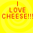 Yellow background with four identical pixelated text blocks reading "I LOVE CHEESE!!!" arranged in a