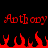 Red pixelated text 'Anthony Anthony' appears above red flame shapes on a black background, with visible animation in the flame movement.