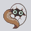 Pixel art of a small creature with large green eyes and brown body curled inside an eggshell, set against light gray background.