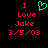 Red pixelated text reads 'I Love Jake 3/5/08' with a green heart symbol above the word 'Love', displayed on black background.