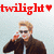 Red text 'twilight' with a heart symbol above two identical pixelated figures in brown jackets and sunglasses holding phones to their ears.