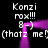 Pixelated text and purple shapes on black background with repeated phrases 'Konzi rox!!!', '(thotz me!)', and '8-)' in white.