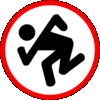 Nine circular icons with red borders display black stick figures in various dynamic poses on white backgrounds.
