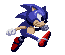 Six pixelated Sonic the Hedgehog frames show running motion with blue fur, red shoes, white gloves, and a neutral expression against gray background.
