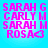 A static image displays four identical of pixelated text on a light blue background, each containing the names "SARAH G," "CARLY M," "SARAH M," and "ROSA" with a heart symbol