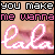 Pixelated animated contact sheet showing two frames of a buddy icon with text and stylized lettering over a blurred background.