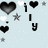 Pixelated icon set with black hearts, stars, and 'I y' text on light blue background; some elements shift position across frames.