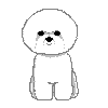 Pixelated white dog with round head and black eyes, sitting upright on gray background holding small object in left paw.