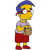 Pixelated character with yellow skin wears blue cap, red shorts, and purple shirt holding brown object.