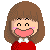 Pixelated cartoon character with brown shoulder-length hair, pink cheeks, and a red dress with white collar, smiling with open mouth.