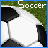 Pixelated soccer-themed icon showing a white ball on green grass with black goalposts, bordered by blue frame and text reading 'Soccer' at top.