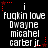 Black background with white pixelated text reading "fukin love Dwayne micahel carter jr." repeated in two , each containing three identical text blocks with red star and dotted line accents