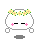Pixelated white character with closed eyes, pink blush marks, and a yellow flower crown on gray background.