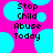 Pixelated text on a bright pink background with cyan circles, displaying 'Stop Child Abuse Today' in black block letters.