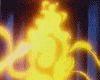 Animated sequence showing a character in golden armor with chains, surrounded by yellow-orange flames and blue curtains, transitioning from full-body to repeated smaller figures.