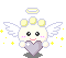 Pixelated angel icon with white wings, halo, and purple heart holding pose across multiple animation frames.