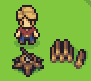 Pixel art animation of a character with blonde hair and red shirt standing beside brown logs on green background, showing subtle pose changes.